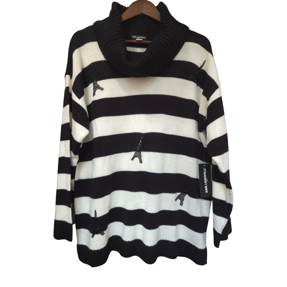 Karl Lagerfeld Paris Sweaters - Karl Lagerfeld Paris Womens XL Cowl Neck Striped Eiffel Tower Sequin Sweater NEW
